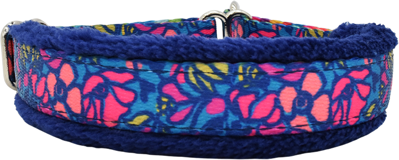 Night Blooms blue and teal bold pink tropical blooms fleece-lined martingale-style limited slip dog collar by Fuzzywumpets.