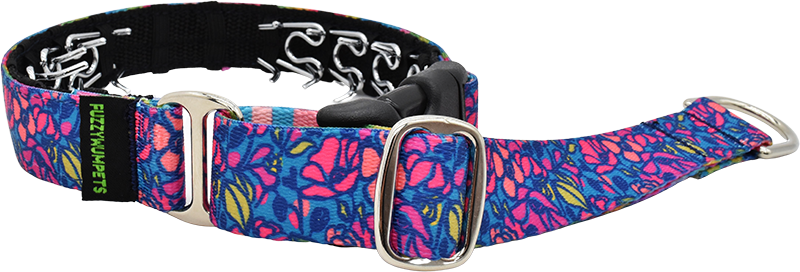 Night Blooms blue and teal bold pink tropical blooms hidden prong / private trainer dog collar by Fuzzywumpets 1 inch wide.