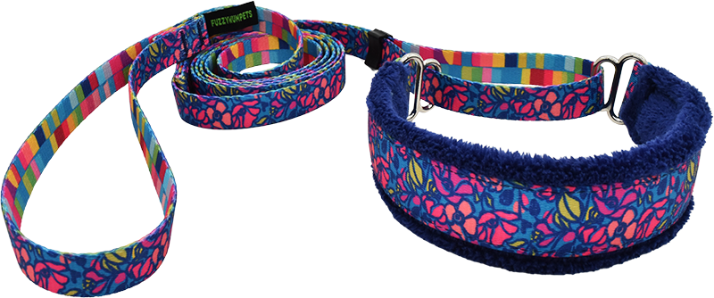 Night Blooms blue and teal bold pink tropical blooms martingale walking lead 1 inch wide.