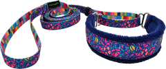 Night Blooms blue and teal bold pink tropical blooms martingale walking lead 1 inch wide.