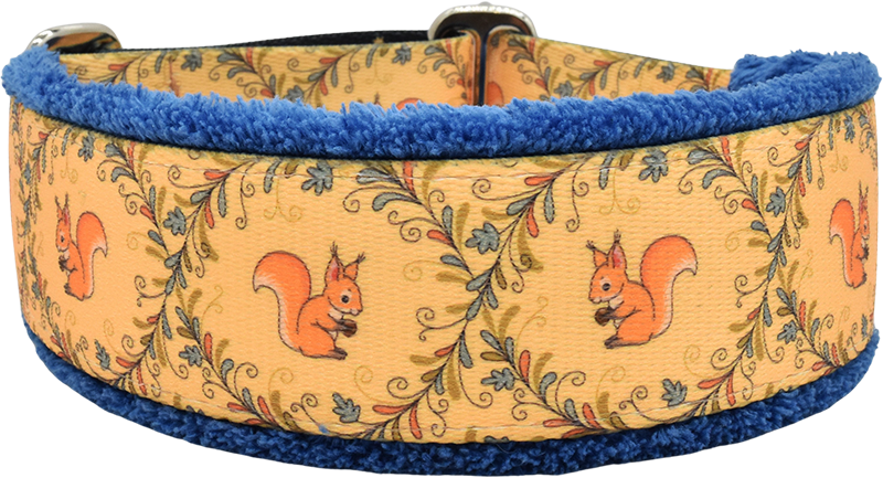 The S Word gold and orange squirrel vine print fleece-lined martingale-style limited slip dog collar by Fuzzywumpets.