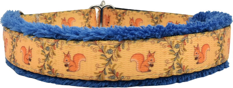 The S Word gold and orange squirrel vine print fleece-lined martingale-style limited slip dog collar by Fuzzywumpets.