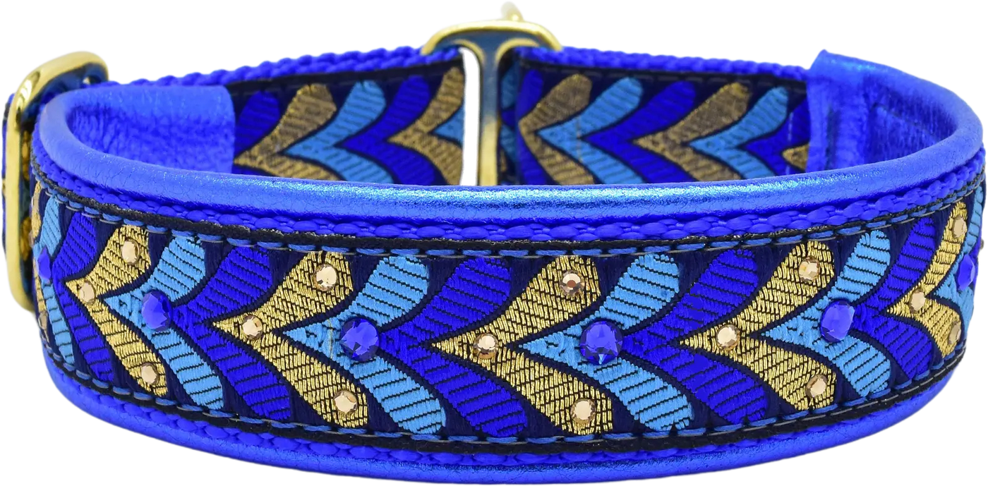 Blue and Gold Honoré blue and gold chevron European-crystal limited slip collar with topaz and blue crystals on blue leather.