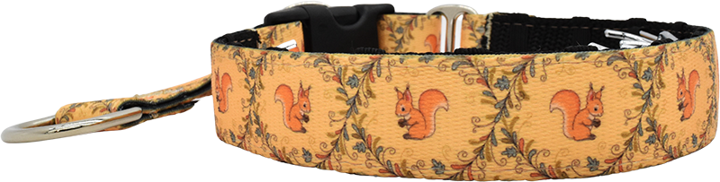 The S Word gold and orange squirrel vine print hidden prong / private trainer dog collar by Fuzzywumpets.