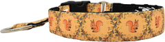 The S Word gold and orange squirrel vine print hidden prong / private trainer dog collar by Fuzzywumpets.