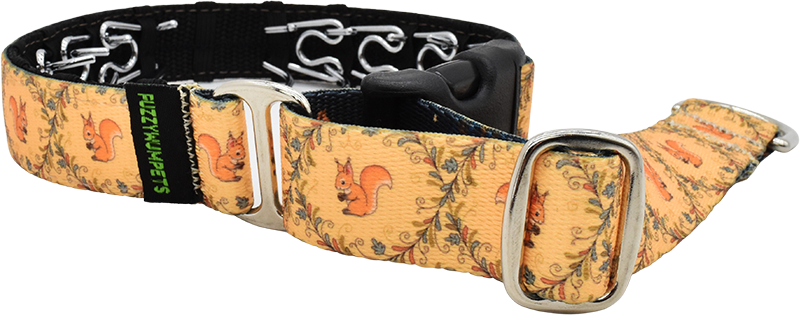 The S Word gold and orange squirrel vine print hidden prong / private trainer dog collar by Fuzzywumpets.