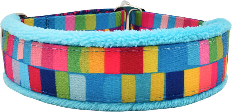 Color Drench multicolor rainbow stripe blocks fleece-lined martingale-style limited slip dog collar by Fuzzywumpets.