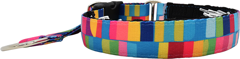 Color Drench multicolor rainbow stripe blocks hidden prong / private trainer dog collar by Fuzzywumpets.