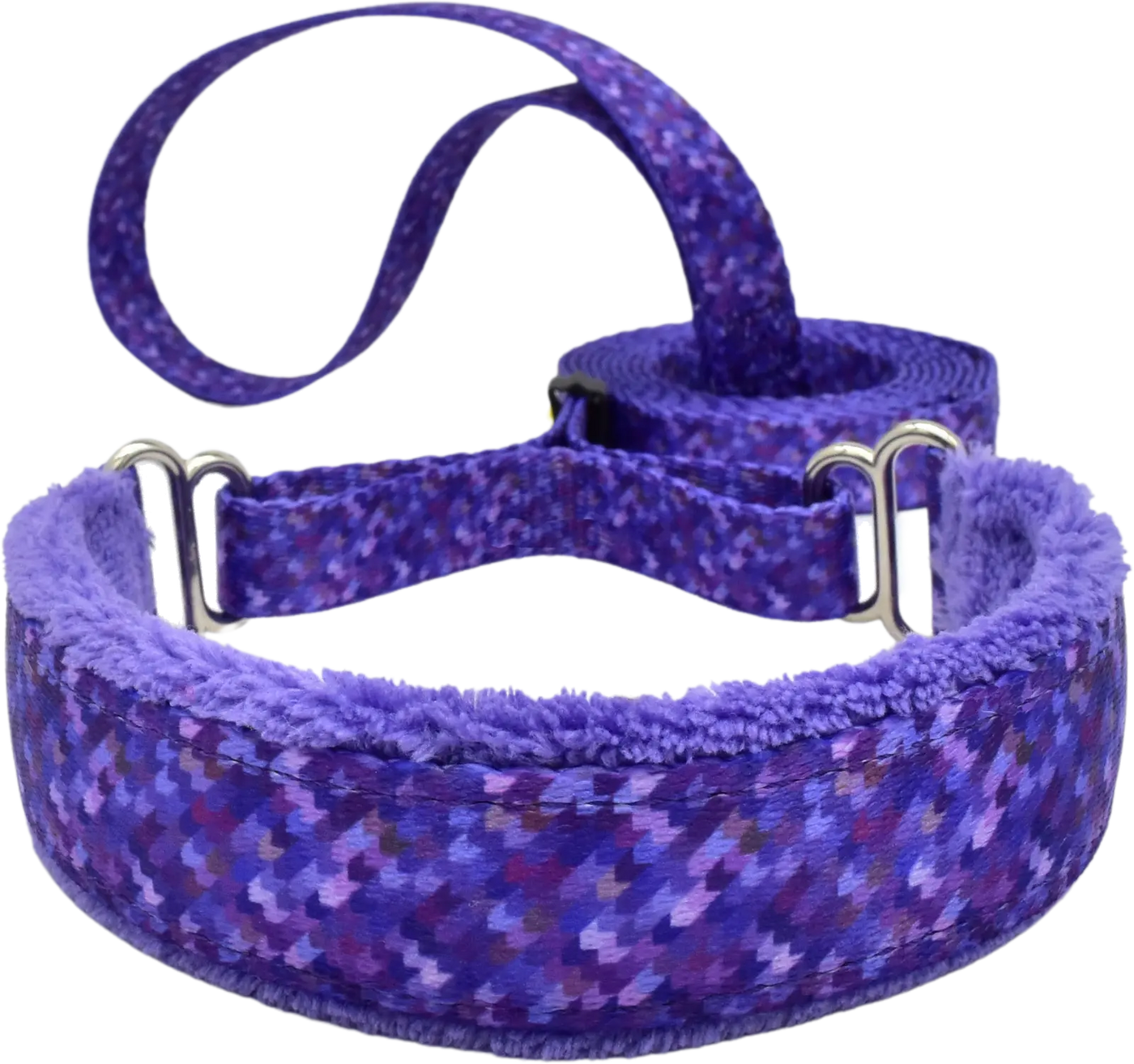 Modern Houndstooth purple and dark purple houndstooth fleece-lined martingale walking lead 1 inch wide.