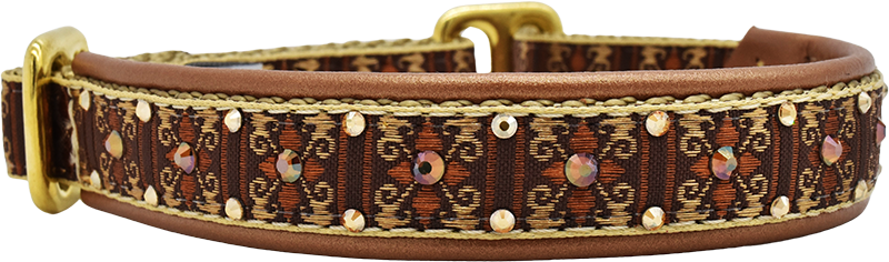 Equinox brown and gold art-deco scroll European-crystal limited slip dog collar by Fuzzywumpets.