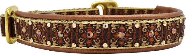 Equinox brown and gold art-deco scroll European-crystal limited slip dog collar by Fuzzywumpets.