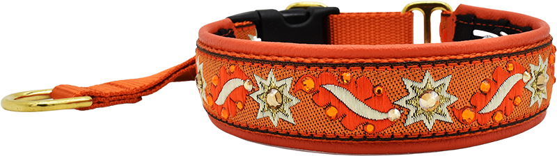 Teela orange and white star motif ribbon European-crystal hidden prong collar by Fuzzywumpets.
