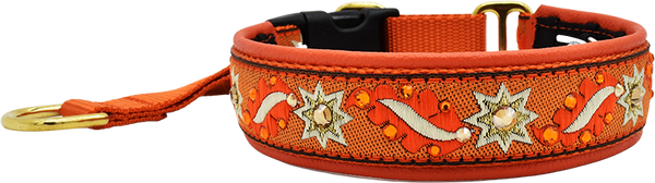 Teela orange and white star motif ribbon European-crystal hidden prong collar by Fuzzywumpets.