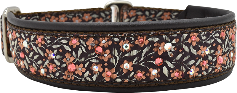 Sylvie brown and salmon floral motif ribbon European-crystal limited slip dog collar by Fuzzywumpets.