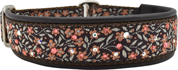 Sylvie brown and salmon floral motif ribbon European-crystal limited slip dog collar by Fuzzywumpets.