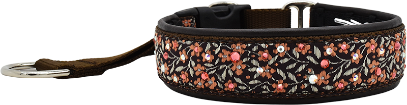 Sylvie brown and salmon floral motif ribbon European-crystal hidden prong collar by Fuzzywumpets.