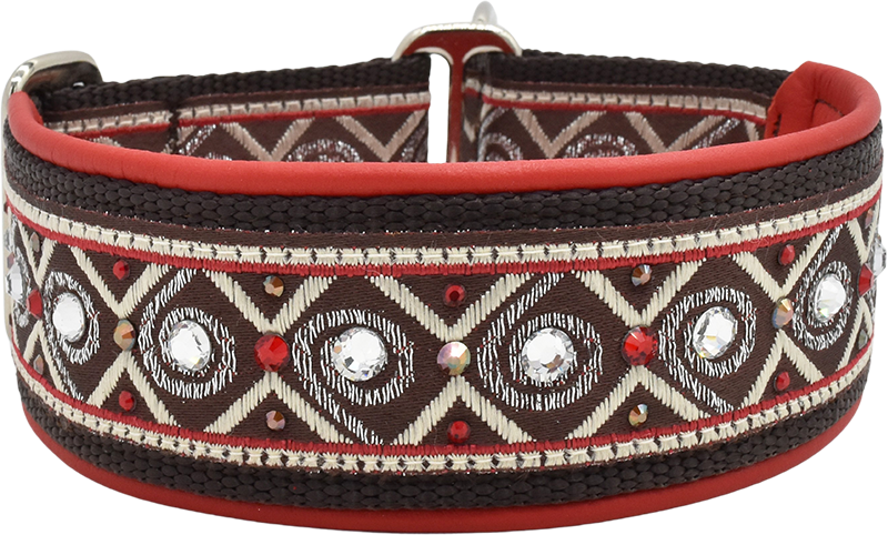 Barista brown and cream diamond eye pattern European-crystal limited slip dog collar by Fuzzywumpets.