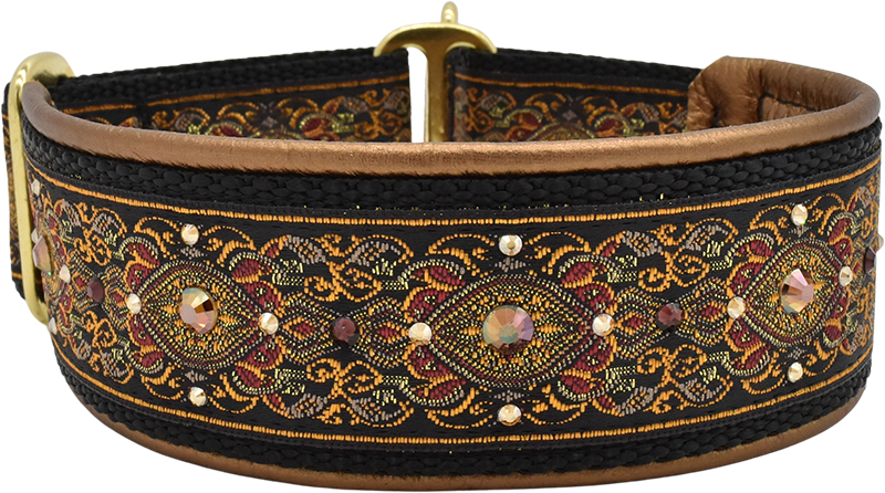 Amadeus black and gold ornate floral brocade European-crystal limited slip dog collar by Fuzzywumpets.