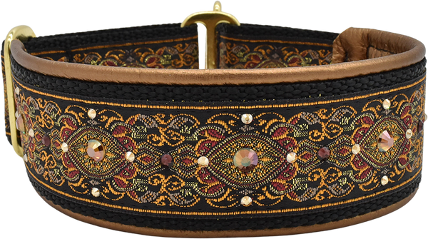 Amadeus black and gold ornate floral brocade European-crystal limited slip dog collar by Fuzzywumpets.