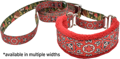 Scarlet Eclipse red and white floral medallion fleece-lined martingale walking lead — no-slip dog leash by Fuzzywumpets.