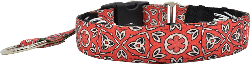 Scarlet Eclipse red and white floral medallion hidden prong / private trainer dog collar by Fuzzywumpets.