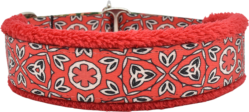 Scarlet Eclipse red and white floral medallion fleece-lined martingale-style limited slip dog collar by Fuzzywumpets.