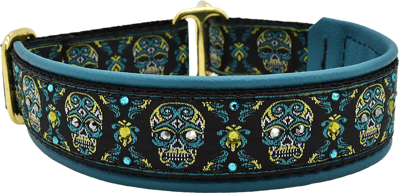 Dante black and teal sugar skull motif European-crystal limited slip dog collar by Fuzzywumpets.