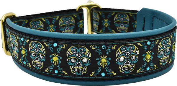 Dante black and teal sugar skull motif European-crystal limited slip dog collar by Fuzzywumpets.