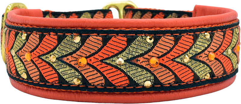 Orange Honoré orange and gold chevron leaf European-crystal limited slip dog collar by Fuzzywumpets.