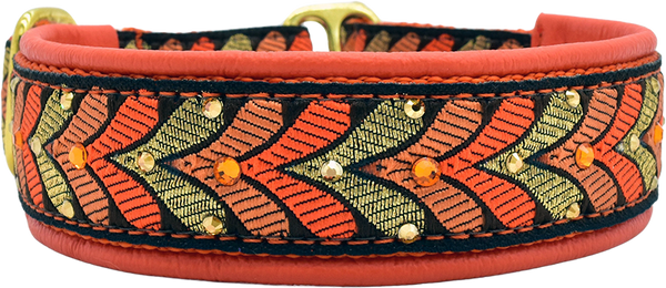 Orange Honoré orange and gold chevron leaf European-crystal limited slip dog collar by Fuzzywumpets.