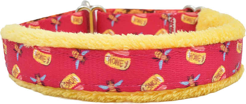 Honey Bees red ribbon with bees and honey jars fleece-lined martingale-style limited slip dog collar by Fuzzywumpets.