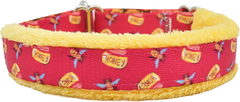 Honey Bees red ribbon with bees and honey jars fleece-lined martingale-style limited slip dog collar by Fuzzywumpets.