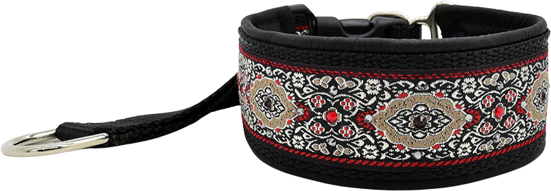Midnight Bulgaria black red and tan floral medallion European-crystal hidden prong collar by Fuzzywumpets.