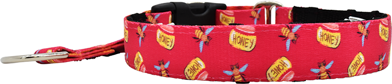 Honey Bees red ribbon with bees and honey jars hidden prong / private trainer dog collar by Fuzzywumpets.