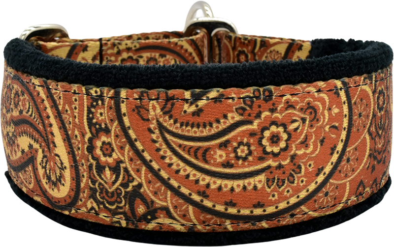 Autumn Paisley rust and gold paisley fleece-lined martingale-style limited slip dog collar by Fuzzywumpets.