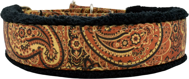 Autumn Paisley rust and gold paisley fleece-lined martingale-style limited slip dog collar by Fuzzywumpets.