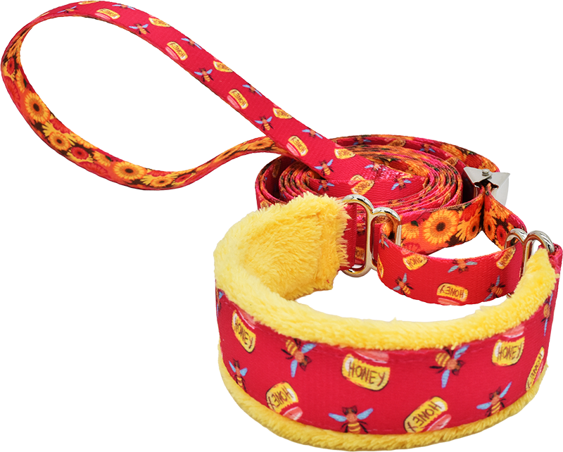 Honey Bees red ribbon with bees and honey jars fleece-lined martingale walking lead — no-slip dog leash by Fuzzywumpets.