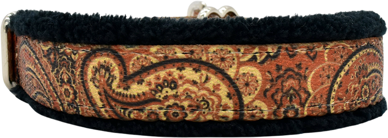 Autumn Paisley rust and gold paisley fleece-lined martingale-style limited slip dog collar by Fuzzywumpets.