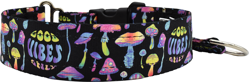 Good Vibes Only black with iridescent mushrooms and groovy text hidden prong / private trainer dog collar by Fuzzywumpets.