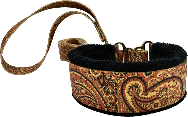 Autumn Paisley rust and gold paisley fleece-lined martingale walking lead — no-slip dog leash by Fuzzywumpets.