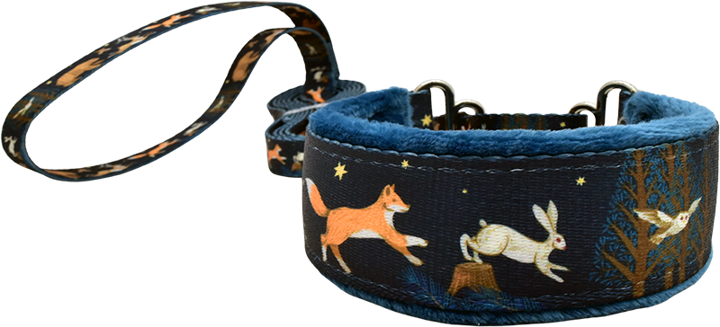 1.5" Forest Run Everyday Martingale Walking Lead for dogs, Navy leather lining, handmade in the USA by Fuzzywumpets.