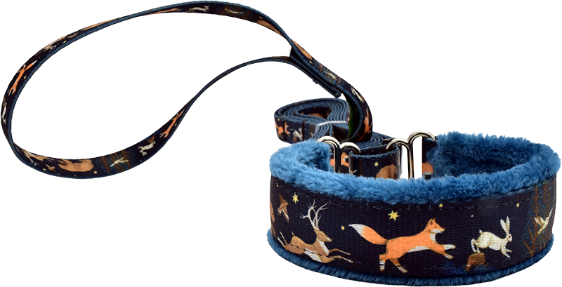 1" Forest Run Everyday Martingale Walking Lead for dogs, Navy leather lining, handmade in the USA by Fuzzywumpets.