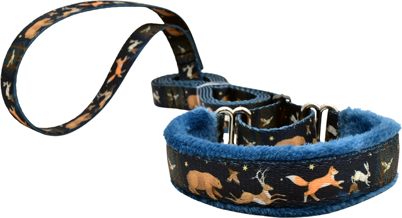 5/8" Forest Run Everyday Martingale Walking Lead for dogs, Yellow leather lining, handmade in the USA by Fuzzywumpets.