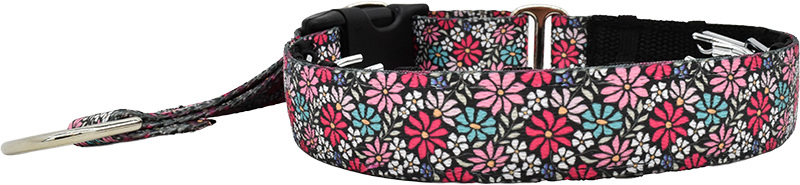 Evanston Floral black ground pink and teal daisy floral hidden prong / private trainer dog collar by Fuzzywumpets.