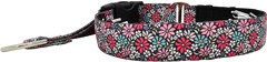 Evanston Floral black ground pink and teal daisy floral hidden prong / private trainer dog collar by Fuzzywumpets.