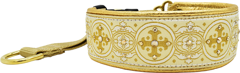Solaris Capulet cream and gold medallion floral motif European-crystal hidden prong collar by Fuzzywumpets.
