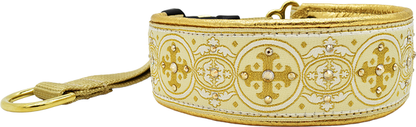 Solaris Capulet cream and gold medallion floral motif European-crystal hidden prong collar by Fuzzywumpets.