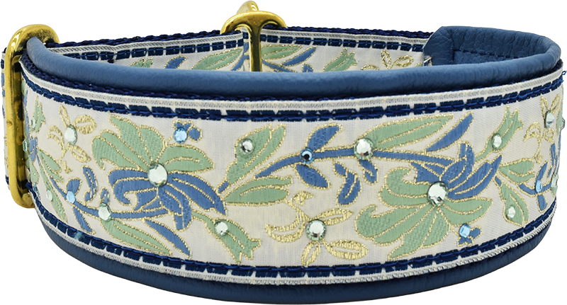 Antoinette ivory and blue-green floral embroidery European-crystal limited slip dog collar by Fuzzywumpets.