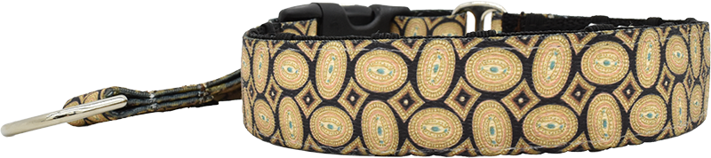 Smoking Jacket black and gold oval medallion hidden prong / private trainer dog collar by Fuzzywumpets.