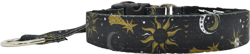 Celestial Splendor black and gold sun, moon, stars hidden prong / private trainer dog collar by Fuzzywumpets.
